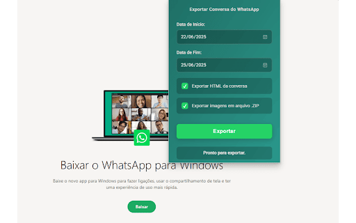 Zap Exporter - Salve suas Conversas :: Exporte e salve suas conversas do WhatsApp Web em formato HTML, com opção de incluir imagens em um arquivo ZIP.