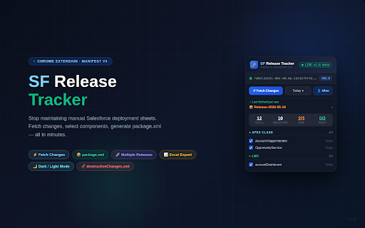 SF Release Tracker :: Lightweight Salesforce Deployment Manager - Track modified components, generate package.xml, export deployment sheets.