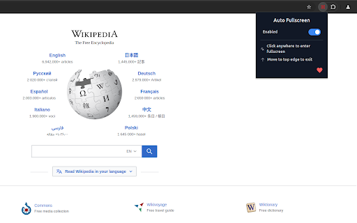 Auto Fullscreen :: Click anywhere to enter fullscreen mode, move cursor to top edge to exit. Simple and intuitive.