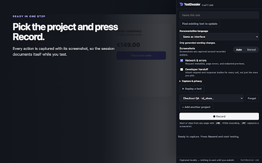 TestDossier — capture browser tests :: Record a browser journey and get a complete, review-ready test case with evidence in TestDossier.