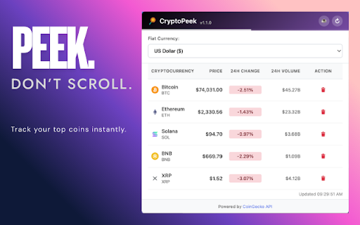 CryptoPeek :: Monitor cryptocurrency to fiat conversions with real-time prices from CoinGecko