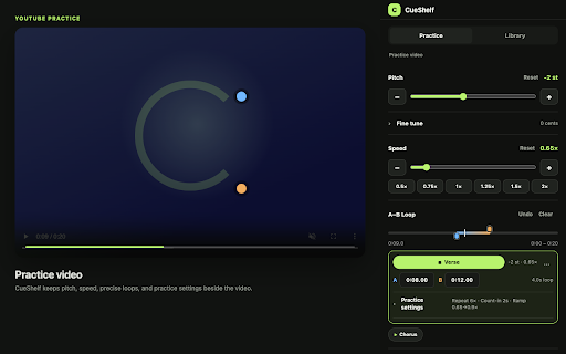 CueShelf: Pitch, Speed & Loop Practice :: Change pitch and speed, loop hard passages, and save complete practice setups for YouTube.