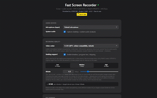 Fast Screen Recorder :: Fast Screen Recorder: one-click screen + audio (mic+system). H.264 default + H.265/HEVC, VP9, AV1. Seeking support. 100% local.