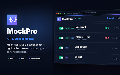 MockPro - API & Stream Mocker :: Professional API mocking for REST, SSE, and WebSocket. Intercept, mock, and debug network requests with ease.