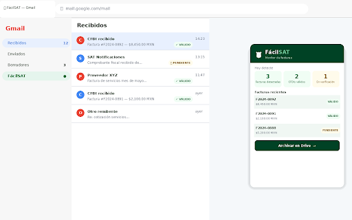FácilSAT :: Detecta facturas en Gmail, verifica CFDIs ante el SAT y archiva en Drive y Sheets. Automático.