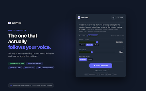 SyncVocal :: Free Google Slides teleprompter that follows your voice in 30 languages. Reads your speaker notes and scrolls as you speak.