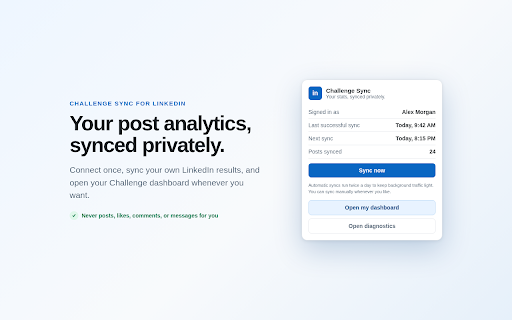 Challenge Sync — LinkedIn :: Privately syncs your own LinkedIn stats to your company's posting challenge. Reads your data only; never your password.