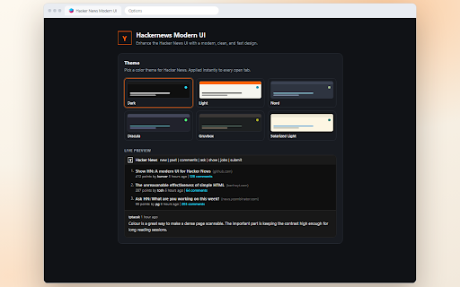 Hacker News Modern UI :: Enhance the Hacker News UI with a modern, clean, and fast design.