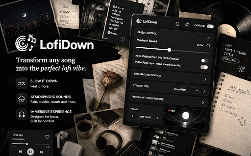 LofiDown : Slow Down & Speed Up :: Slow down & speed up any song with lofi spring reverb, pitch shift, vinyl crackle & rain. Real-time audio FX for YouTube & music.