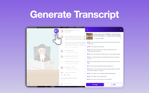 Instagram Transcript Generator & 1-Click Copy :: Generate Instagram transcripts and copy with one click. Export to SRT files. Free and unlimited.