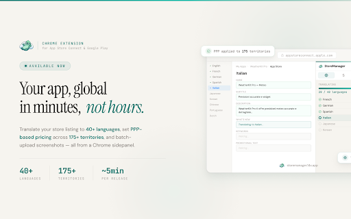 StoreManager — App Store & Google Play Localization, Pricing & ASO :: ASO tool: AI-powered localization, PPP pricing, screenshots & checklists for App Store Connect and Google Play Console.