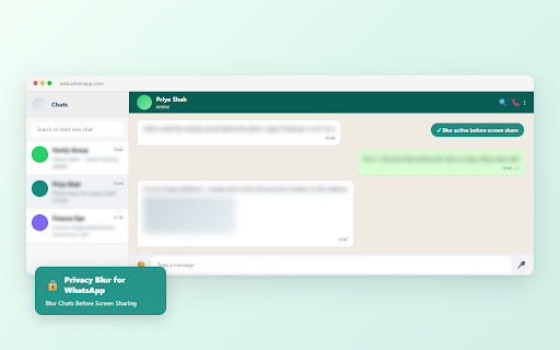 Privacy Blur for WhatsApp Web — Hide Chats & Messages :: Hide & blur WhatsApp Web messages, contacts & photos Screen share safely. Hover to peek.