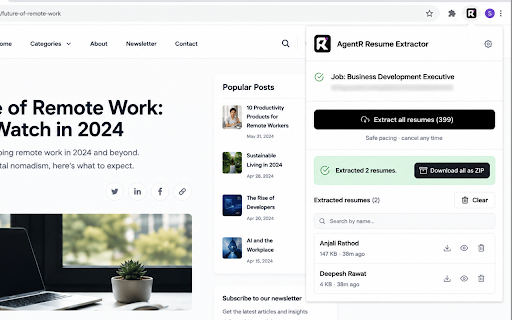 AgentR Resume Extractor :: Bulk download applicant resumes from job boards.