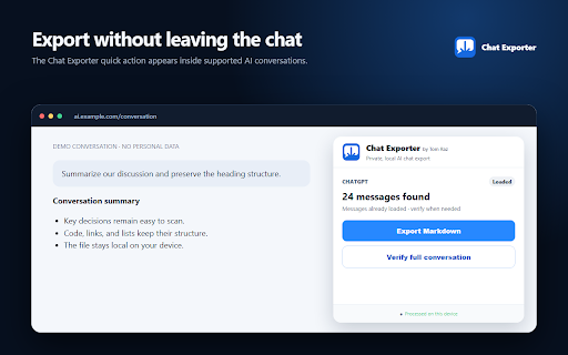 Chat Exporter by Tom Raz :: Export AI chats to Markdown or text locally, with full-chat verification and safe ZIPs for long conversations.