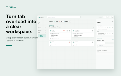 Tabloom | Tab Organizer :: Organize tabs by website, manage multi-window tabs, remove duplicates, save pages, and capture selected text with highlights.