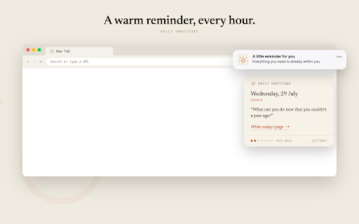 Daily Gratitude Journal & Hourly Reminders :: One kind reminder every hour, plus a three-question gratitude journal for your mornings. No streaks, no pressure.