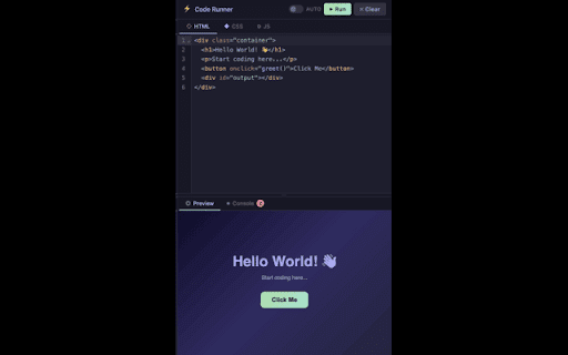 Code Runner :: Run HTML, CSS & JavaScript code right in your browser sidebar — a VS Code-style playground.
