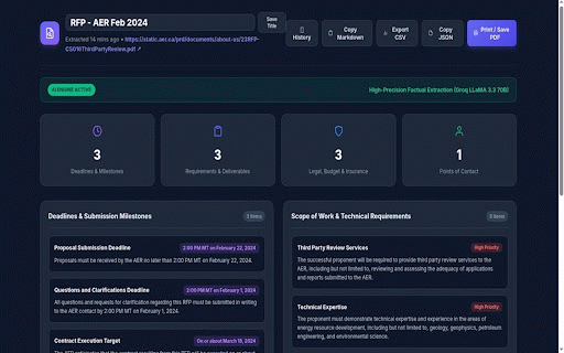 SpecExtract - AI Requirement & RFP Parser :: Instantly extract key deadlines, compliance clauses, deliverables, and contact details from RFPs, contracts, and technical specs.