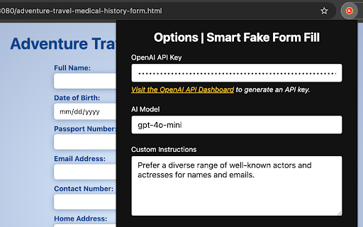 Smart Fake Form Fill :: Populate forms with relevant, AI-generated data for testing purposes