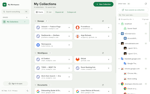 VC Tabs — Tab Manager :: Save, organize, and restore your open tabs into Spaces and Collections — clear the clutter, with optional cross-device sync.
