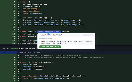 GitHub Diff Helper: Go to Definition :: Client-side go-to-definition inside GitHub PR diffs. Reuses your GitHub session. No data leaves your browser.