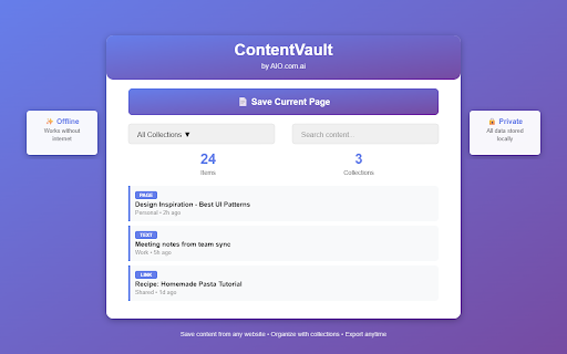 ContentVault :: Save and organize content from anywhere. Offline aggregator for your digital life by AIO.com.ai