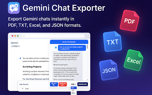 Gemini Chat Exporter :: Use this extension to export gemini chats in PDF, Text, CSV, and Excel formats instantly.