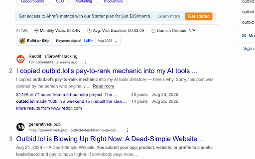 Build or Skip :: Shows conservative payment signals, Ahrefs Domain Rating, and domain registration dates on Google Search.