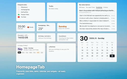 HomepageTab New Tab :: Favorite sites, bookmarks and to-dos at a glance. Customize widgets to make your browser homepage your own.
