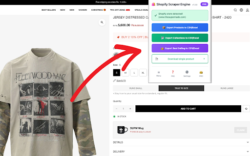 Shopify Scraper Engine :: Export Shopify products, collections & best sellers to CSV/Excel. Free: 100 products. PRO: Unlimited for $3.99/month!