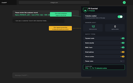PII Guardrail :: Trustevo detects sensitive data in your browser and masks it before it reaches ChatGPT, Claude, or any AI — then restores the…