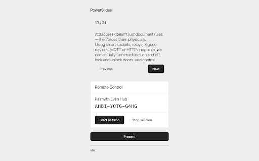 PowerSlides :: Control Google Slides remotely. Pairs with the PowerSlides server to relay slide state and commands to the Even Realities app.