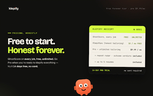 Klepify — the honest job-application engine :: Apply once. Klepify the rest. We tell you which jobs are real, then tailor your resume — without inventing a single line.