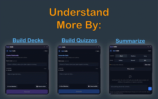 Quiz Indie - Quiz and Flashcard Generator for Webpages :: Generate quizzes, flashcards, and AI summaries on any html text webpage in seconds!