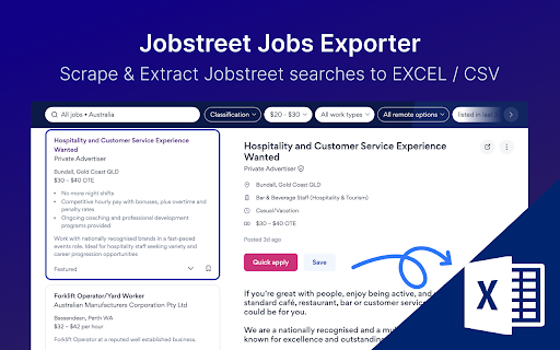 Jobstreet Jobs Extractor :: Export Jobstreet job search results to CSV/Excel with ease. Save time by extracting and downloading jobs in just one click