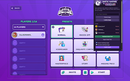 Gartic Avatars by OllieDraws :: Upload custom avatars for Gartic Phone for you and your friends, and share using a downloadable JSON file.