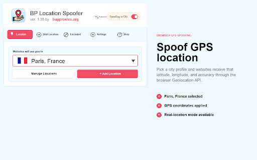 BP Location Spoofer :: Spoof GPS location in Chrome, set custom coordinates, save city presets, and exclude sites that need real location.