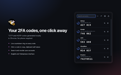M2 Authenticator :: Offline 2FA codes (TOTP/HOTP). AES-256-GCM encrypted vault, unlocked by master password or fingerprint.