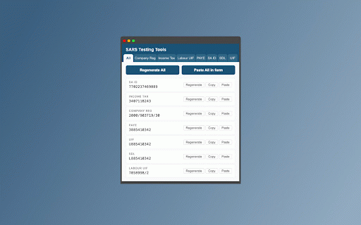 SARS Testing Tools :: Generate valid South African tax reference numbers for testing — SA ID, Income Tax, Company Reg, PAYE, UIF, SDL.
