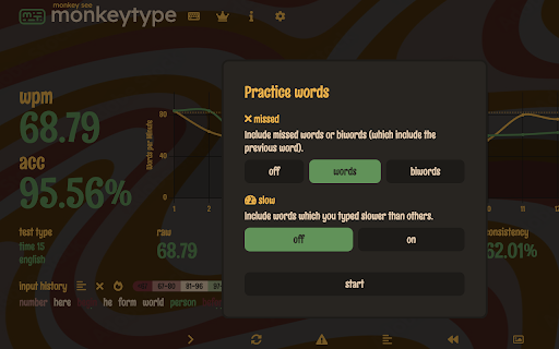 Monkey Type Practice Words :: Open and launch practice words menu with spacebar after tests, with a 400ms delay to prevent accidental triggers