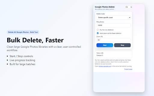 Delete All Google Photos - Bulk Tool :: Delete all Google Photos in bulk with safe dry run, stop control, and auto zoom-out.