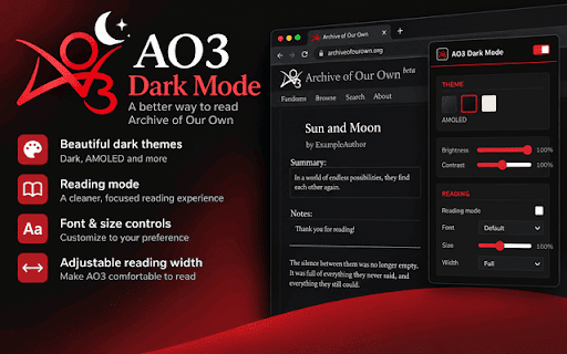 AO3 Dark Mode :: Dark mode for Archive of Our Own — no account needed, plus reading mode, font/size controls and adjustable reading width.
