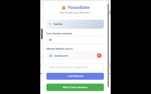 FocusGate - Distraction Lock :: Block all websites except 5 allowed sites for a set time period to help you stay focused