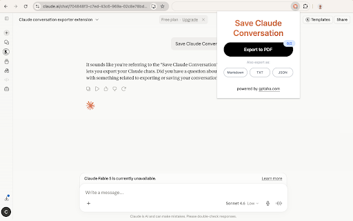 Claude Chat Exporter: Save Claude as PDF, MD and More :: Export Claude chats to PDF, Markdown, Text, CSV... Free and fully customizable. Supports artifacts, reasoning & advanced outputs.