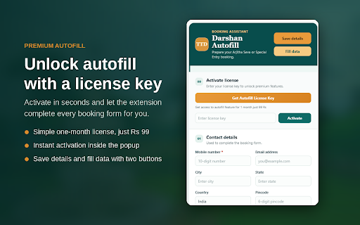 Darshan Autofill :: One-click autofill for TTD Darshan & Arjitha Seva bookings. Save details once, reuse every time. Alt+T autofills, Alt+O opens popup.