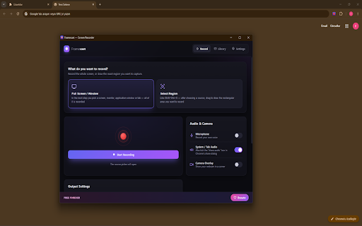 Framecast - Screen Recorder :: Record your screen, a window, a tab, or a region — then trim the clip. Camera, mic & system audio. WebM / MP4 / GIF output.