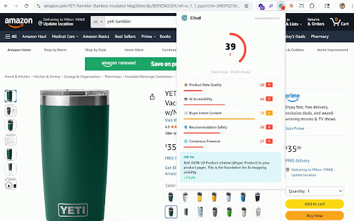 Cited - AI & AEO Optimization Score :: Score any product page 0-100 on AEO readiness. See what ChatGPT, Perplexity & Claude look for before recommending you.