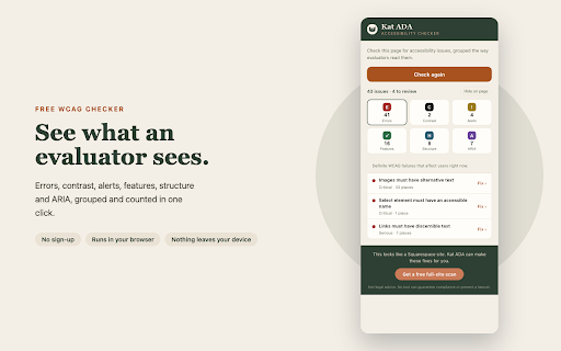 Squarespace Accessibility Checker: WCAG & ADA by Kat ADA :: Free accessibility checker for Squarespace and any web page. Find WCAG and ADA issues: alt text, color contrast, form labels.