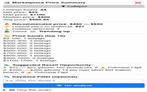 Marketplace Price Analyzer :: Analyze Marketplace prices, trends, outliers, and resell opportunities. Auto-refresh, keyword filter, and more.