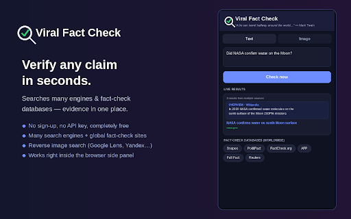 Viral Fact Check :: Verify claims across search engines & fact-check sites, plus reverse image search with Google Lens — in the side panel.